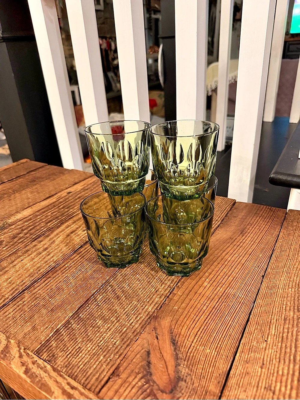 (6) Vintage 1970s Continental Can Co. Reflection Avocado Green 8oz Glasses